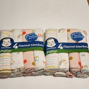 Gerber Organic 8 Flannel Blankets bundle 2 4-packs 30 x 30 Unicorn Love you Dots